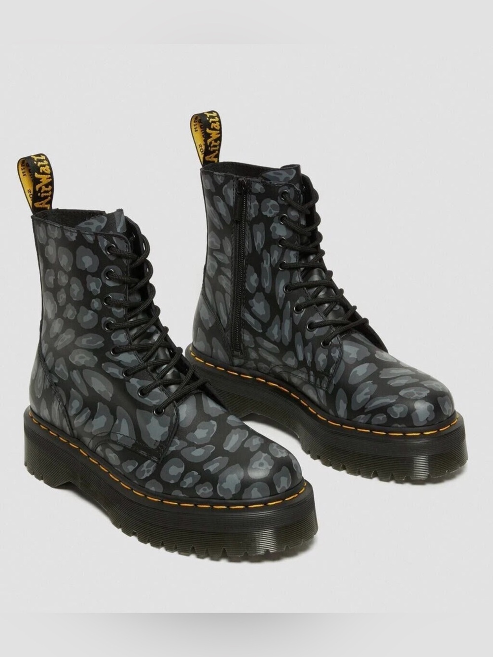 Women’s 7 Dr. Martens Black and Gray Leopard Lace-Up Platform Boots